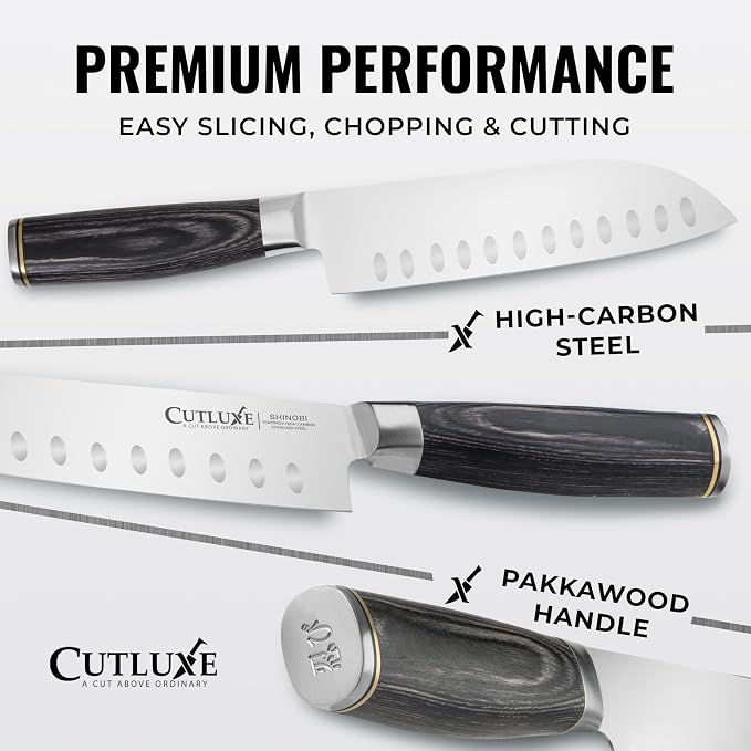 Santoku Knife – Ultra Sharp 7 Inch Meat and Vegetable Japanese Knife for Chopping, High Carbon Stainless Steel Blade, Full Tang Pakkawood Handle – Shinobi Series