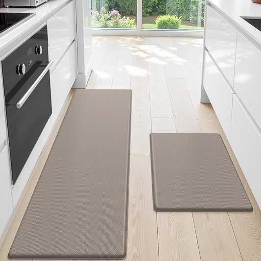 StepLively Kitchen Mat, 2 PCS Kitchen Rugs, Cushioned Kitchen Mats for Floor, Anti Fatigue Kitchen Rug Set, Non-Skid Standing Mat for Kitchen, Office, Sink, 17.3"x30"+17.3"x70", Khaki