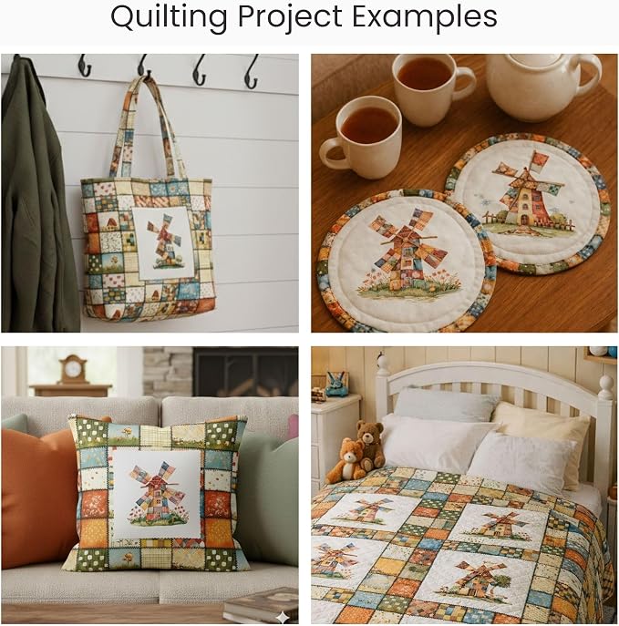 Patchwork Fabric Panel with Windmill Designs – 100% Cotton Satin, 6 Printed Panels 10”×10” + Patchwork Sheet 29.5”×19.7”, Single Continuous Cloth for Quilting & Sewing