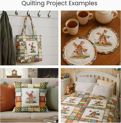 Patchwork Fabric Panel with Windmill Designs – 100% Cotton Satin, 6 Printed Panels 10”×10” + Patchwork Sheet 29.5”×19.7”, Single Continuous Cloth for Quilting & Sewing