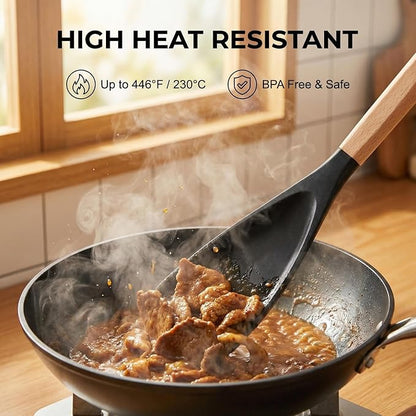 Cooking Spoon for Nonstick Cookwares,Cedar and Ash Spoon, Multifunction Spatula Cooking Spoon, Perfect Silicone Spoon for Mixing, Scoop, and Scrape(BLACK)
