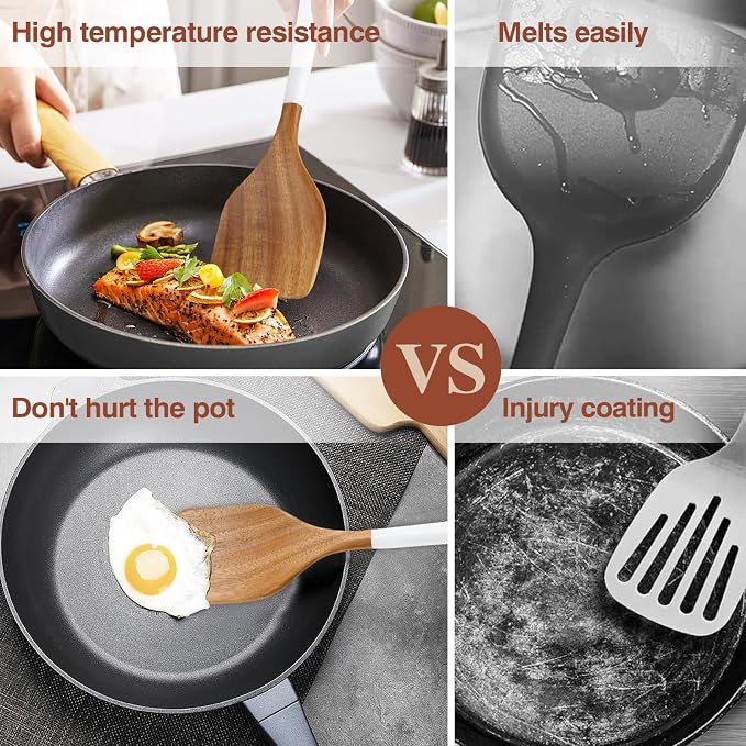 Wooden Spoons For Cooking, 6 Pieces Natural Acacia Wooden Cooking Utensils or Non-Stick Wood Kitchen Utensil Set for Kitchen Essentials, Wooden Cooking Utensils Set with Hanging Hole, White