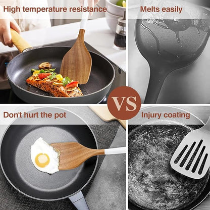 Wooden Spoons For Cooking, 6 Pieces Natural Acacia Wooden Cooking Utensils or Non-Stick Wood Kitchen Utensil Set for Kitchen Essentials, Wooden Cooking Utensils Set with Hanging Hole, White