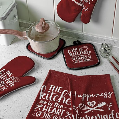 Sratte 6 Pcs Kitchen Decor Accessories Set Farmhouse Towels Pot Holders Oven Mitts Set 2 Dish Towels 2 Potholders 2 Cooking Mittens Oven Glove for Christmas Baking Cooking(Wine Red,Kitchen)