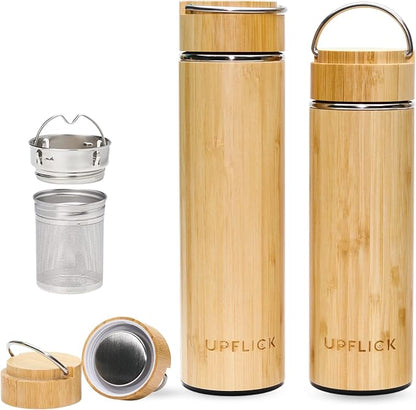 Bamboo Tea Tumbler Set of 2 Insulated Water Bottles 15oz & 17oz with Infuser Travel Set for Loose Leaves, Birthday Gift for Womens, Christmas Gift