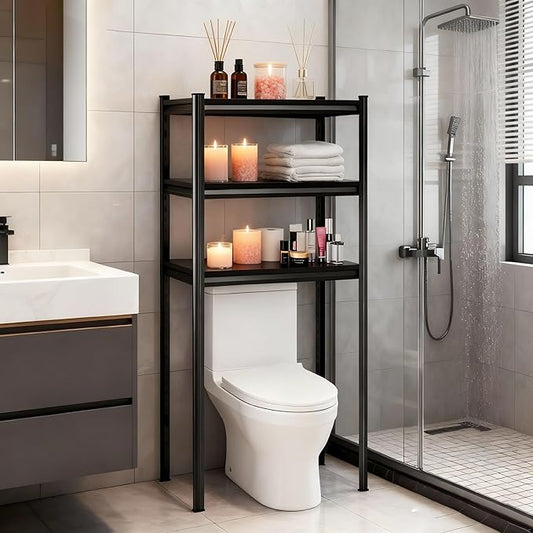 Over The Toilet Storage Shelf, Freestanding Metal Bathroom Shelf Organizer, Waterproof Rustproof Space Saver, Black，54''H×23.6''W×11.8''D