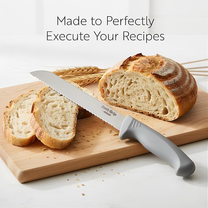 Restaurantware Comfy Grip 8 Inch Bread Knife 1 Sharp Serrated Knife - Ergonomic Handle Non-Slip Grip Gray Stainless Steel Bread Cutting Knife Dishwashable Slice All Types Of Bread