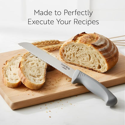 Restaurantware Comfy Grip 8 Inch Bread Knife 1 Sharp Serrated Knife - Ergonomic Handle Non-Slip Grip Gray Stainless Steel Bread Cutting Knife Dishwashable Slice All Types Of Bread