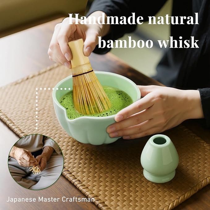 Renmxj Matcha Whisk Set,7 PCS Ceramic Matcha Kit Includes Matcha Bowl with Spout, Matcha Whisk and Holder, Bamboo Scoop, Stainless Sifter, Tea Towel, Unique Gift for Matcha Lovers (Green)