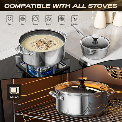 Hybrid Nonstick 2-Quart Stockpot,8 Inch Stainless Steel Stockpot with Glass Lid,PFAS PFOA PTFE Free, Dishwasher-Friendly, Oven-Safe Up to 600°F,Non-stick Soup Pot Compatible with All Cooktops