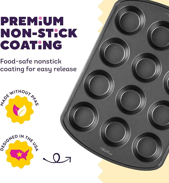 Wilton Gold Non-Stick Bakeware Muffin Pan - Baking Pan for Muffins & Cupcakes - Made Without PFAS, Dent Resistant & Dishwasher Friendly - Offers Even Heat Distribution - 10.5 x 15 x 2 Inches, 12 Cup