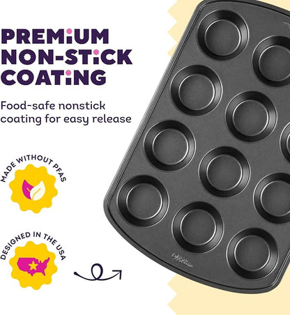 Wilton Gold Non-Stick Bakeware Muffin Pan - Baking Pan for Muffins & Cupcakes - Made Without PFAS, Dent Resistant & Dishwasher Friendly - Offers Even Heat Distribution - 10.5 x 15 x 2 Inches, 12 Cup