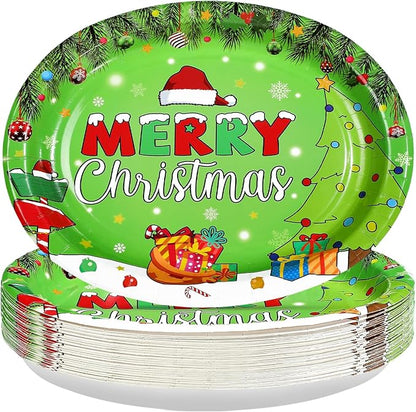 50Pcs Christmas Oval Paper Plates 10" x 12" Large Disposable Heavy Duty Merry Christmas Red Green Party Plates Xmas Balls Tree Snowflake Dessert Platter for Winter Friends Holiday Home Party Supplies