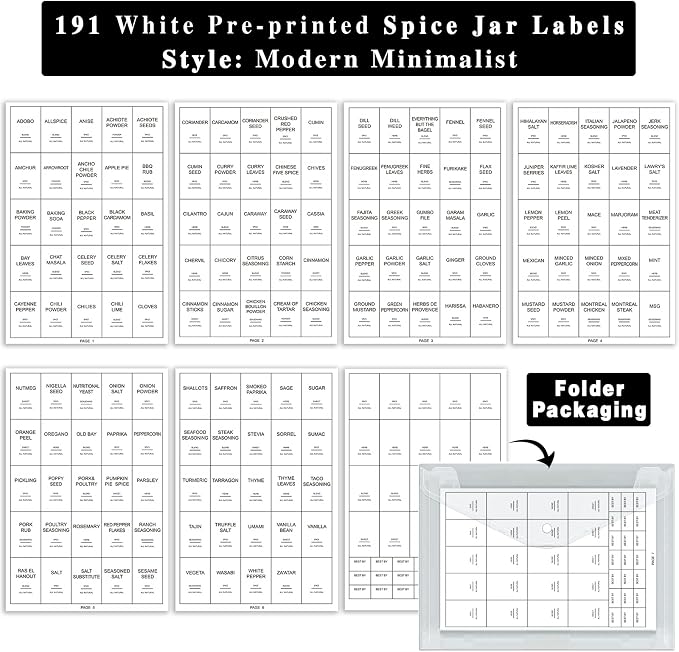 GPOVVIMX 191 Spice Jar Labels Preprinted Minimalist Stickers - White Waterproof Label - Fit Round or Rectangle Spice Jars - Herb Seasoning Kitchen Pantry Labels