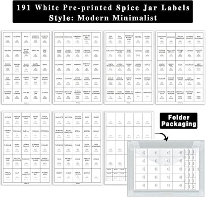 GPOVVIMX 191 Spice Jar Labels Preprinted Minimalist Stickers - White Waterproof Label - Fit Round or Rectangle Spice Jars - Herb Seasoning Kitchen Pantry Labels