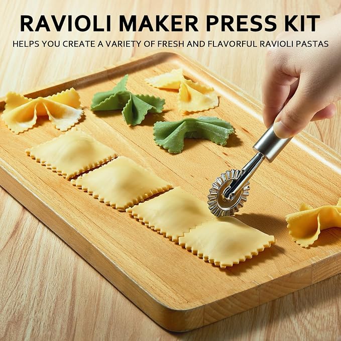 Ravioli Maker Press, Ravioli Press Mold Set - 1.85" Squares Ravioli Stamp Maker Cutter with Wood Rolling Pin, 2.6" Empanada Maker Press Kit and Ravioli Wheel, Makes 8 Ravioli