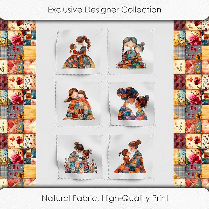 Patchwork Mother & Daughter Cotton Fabric Panel – 6 Designs (10×10 inch Each) + Bonus Sheet 29.5×19.6 inch, 100% Cotton 140 GSM, Made in Türkiye