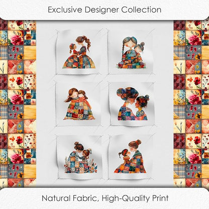 Patchwork Mother & Daughter Cotton Fabric Panel – 6 Designs (10×10 inch Each) + Bonus Sheet 29.5×19.6 inch, 100% Cotton 140 GSM, Made in Türkiye