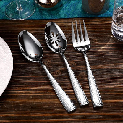 KEAWELL Premium Louis Hammered Serving Utensils, 18/10 Stainless Steel, Squared Edge Design, Mirror Finish, Dishwasher Safe (Slotted Spoons, Set of 2)