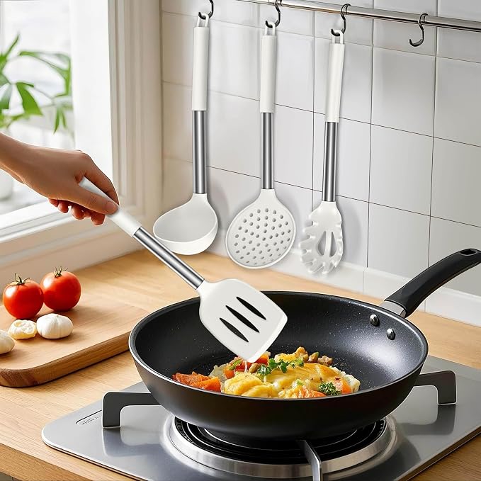 LIANYU Silicone Cooking Utensils Set, 6 Piece Kitchen Cooking Utensils Set, Heat Resistant Kitchen Spatula Gadgets Tools for Nonstick Cookware, Stainless Steel Handle, Dishwasher Safe, White