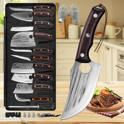 FULLHI 17pcs Butcher Chef Knife Set with Sheath High Carbon Steel Cleaver Kitchen Knife Whole Tang Vegetable Cleaver for Home BBQ Camping with Knife Bag