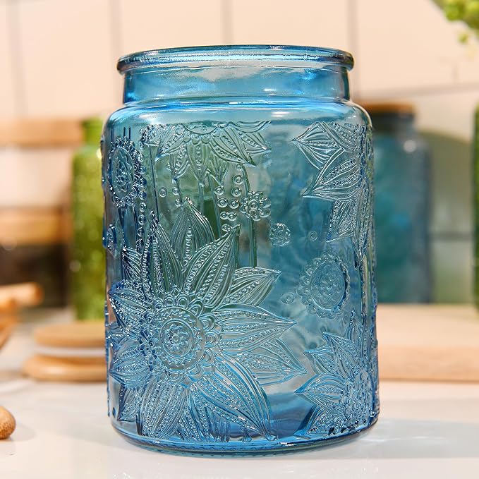 Custde Glass Storage Jars With Airtight Lid, 23.7oz Canister For Kitchen Counter with Bamboo Lid, brown sugar, candy, coffee, cookie, salt, tea,pantry cute Jar (Blue 2-Pack, 23.7 fl oz)