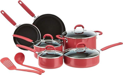 Amazon Basics Non-Stick Cookware Set, Pots and Pans with Lids, Aluminum, Dishwasher Safe, Oven Safe, Red, 12-Piece