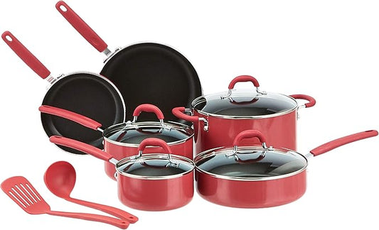 Amazon Basics Non-Stick Cookware Set, Pots and Pans with Lids, Aluminum, Dishwasher Safe, Oven Safe, Red, 12-Piece