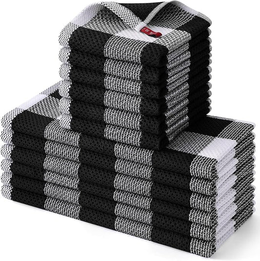 Homaxy Kitchen Towels and Dishcloths Set, 12 x 12 and 13 x 28 Inches, Set of 12 100% Cotton Waffle Weave Check Plaid Kitchen Dish Towels, Super Soft and Absorbent Dish Cloths, White & Black