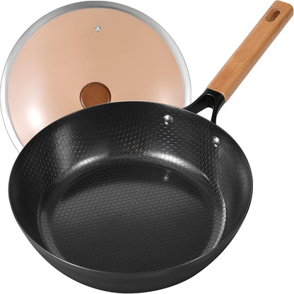 11-Inch Carbon Steel Frying Pan with Glass Lid, Pre-Seasoned Skillet with Honeycomb Interior, Deep Nonstick Fry Pan for Eggs, Omelets, Fried Rice, All Cooktops Compatible, Oven Safe 450°F