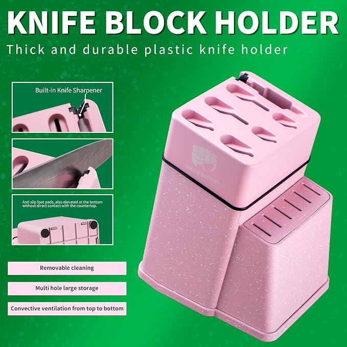 FULLHI 14pcs Block Knife Set, Chef's Knife Steak Knives Set with Block and Sharpener, Kitchen Knife Set, Multi-colour Handle, Gifts for Men Women