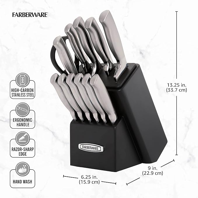 Farberware Self-Sharpening 13-Piece Knife Block Set with EdgeKeeper Technology, High Carbon-Stainless Steel Kitchen Knives, Razor-Sharp Knife Set with Wood Block, Black