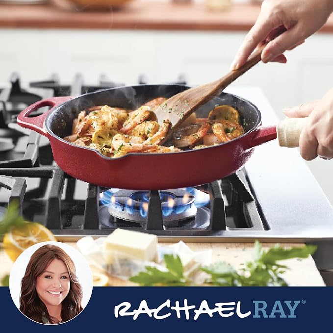 Rachael Ray NITRO Cast Iron Frying Pan/Skillet with Helper Handle and Pour Spouts, 10 Inch, Red