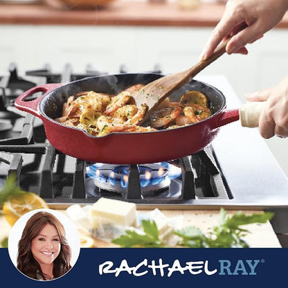 Rachael Ray NITRO Cast Iron Frying Pan/Skillet with Helper Handle and Pour Spouts, 10 Inch, Red