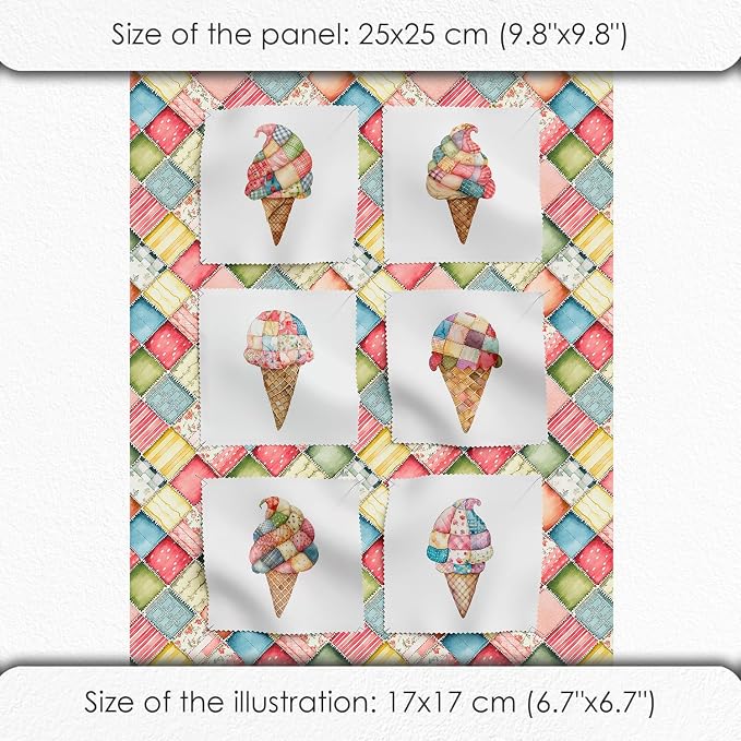 Patchwork Ice Cream Cotton Fabric Panel – 6 Designs (10×10 inch Each) + Bonus Sheet 29.5×19.6 inch, 100% Cotton 140 GSM, Made in Türkiye