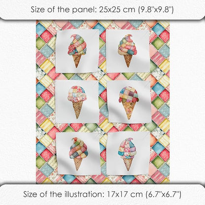 Patchwork Ice Cream Cotton Fabric Panel – 6 Designs (10×10 inch Each) + Bonus Sheet 29.5×19.6 inch, 100% Cotton 140 GSM, Made in Türkiye