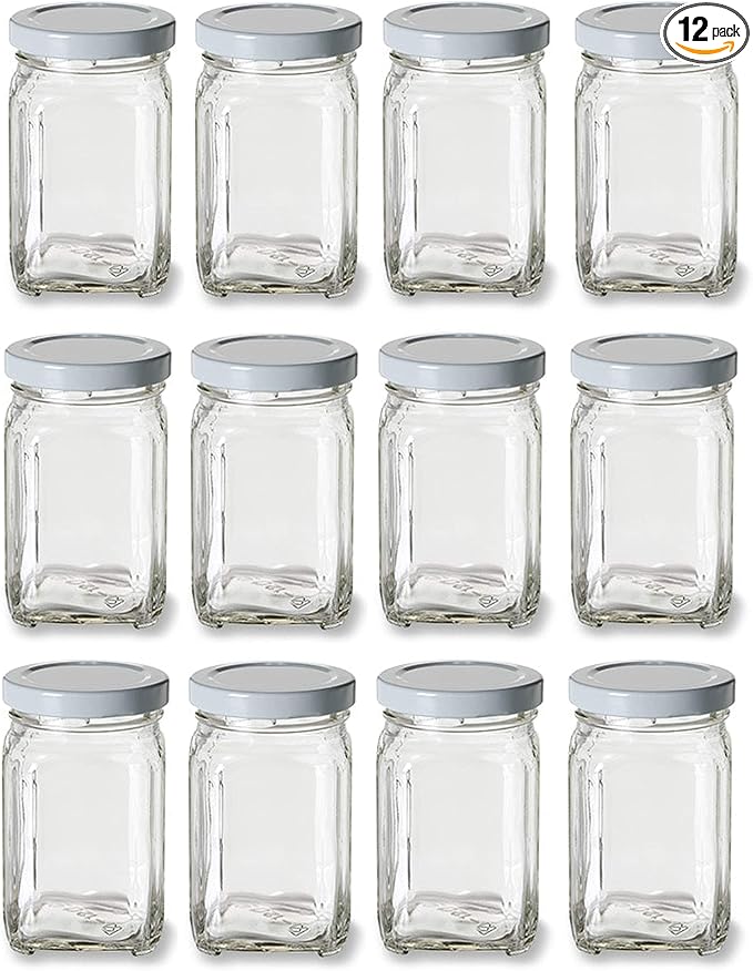Nakpunar 12 pcs 10 oz Victorian Square Glass Jars with White Plastisol Lined Lids (10 fl oz, White)