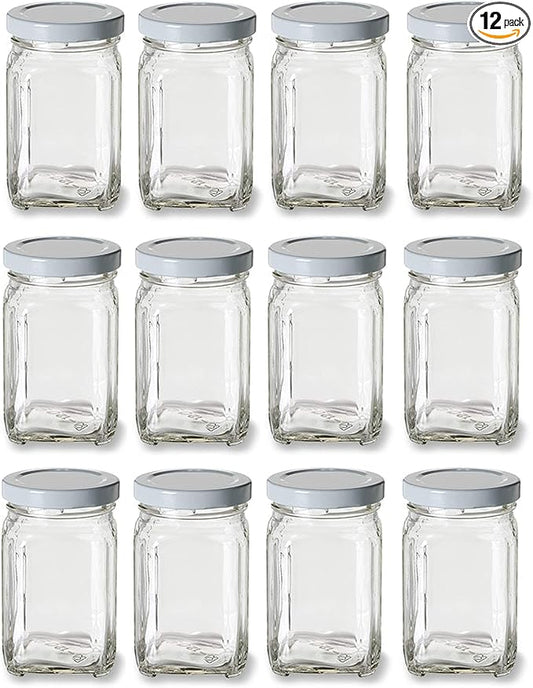 Nakpunar 12 pcs 10 oz Victorian Square Glass Jars with White Plastisol Lined Lids (10 fl oz, White)
