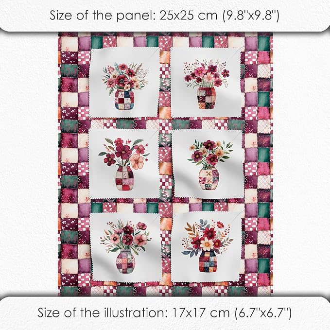 Cotton Satin Fabric Panel with Floral Patchwork Designs – 6 Printed Panels 10×10 in, Continuous Uncut Fabric Sheet 29.5×19.7 in, 100% Cotton for Quilting, Sewing & DIY