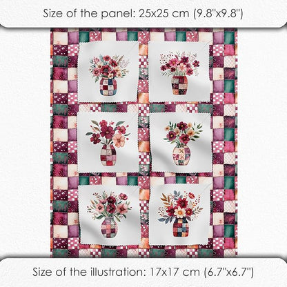 Cotton Satin Fabric Panel with Floral Patchwork Designs – 6 Printed Panels 10×10 in, Continuous Uncut Fabric Sheet 29.5×19.7 in, 100% Cotton for Quilting, Sewing & DIY