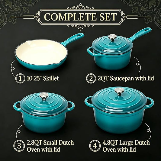 QuliMetal Enameled Cast Iron Cookware Set, 4-Piece Pots and Pans Set with Lids, 10.25" Skillet, 2QT Saucepan, 2.8QT & 4.8QT Dutch Ovens, Oven Safe to 500°F, All Stovetops Compatible - Teal