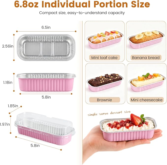 50 Pack Mini Loaf Pans with Lids Rectangle Individual Cake Pans Aluminum Foil Pans for Large Gatherings Picnics Vacations Parties, Graduation Gifts Party Favors(Pink, 6.8 OZ)