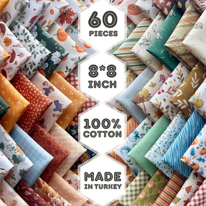 Autumn Harmony Patchwork Cotton Fabric Set – 60 Pre-Cut Squares, 20×20 cm (8×8 inch), 100% Cotton, Eco Digital Print, Made in Türkiye