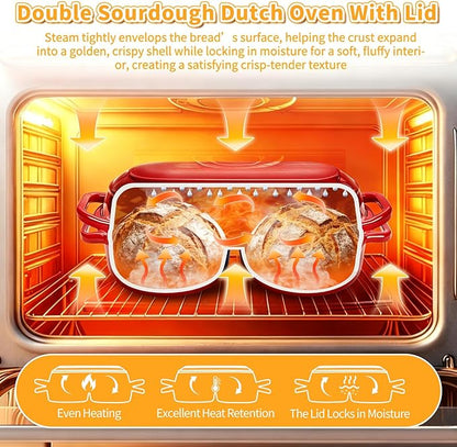 Mini Double Dutch Oven For Sourdough Bread Baking, 2.2QT Enameled Cast Iron Dutch Oven Pot With Lid, Non Stick Dual Round Bread Loaf Pan, 500°F Oven Safe, Sourdough Baking Pan For Homemade Baking