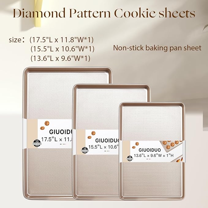 GIUOIDUO Baking Sheet Set of 3, Nonstick Heavy Duty Cookie Sheets for Oven - 13.6"×9.6"/15.5"×10.6"/17.5"×11.8" Warp-Resistant Carbon Steel Bakeware Trays, Champagne Gold, Dishwasher & Oven Safe