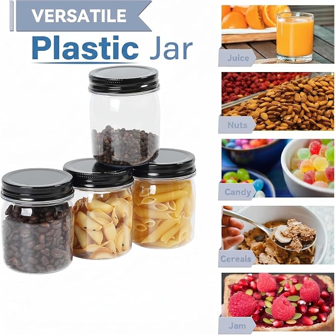 novelinks 8 oz Clear Plastic Jars with Airtight Lids, 48 Pack Plastic Mason Jars with Lids 8oz, Refillable Storage Slime Containers & Small Spice Jar for Kitchen Organization (48 Pack,Black)