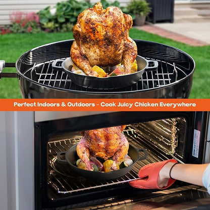 Onlyfire Universal Cast Iron Chicken Roaster, Pre-Seasoned Poultry Roaster Beer Can Turkey Holder with Roasting Pan for Most Grills and Oven