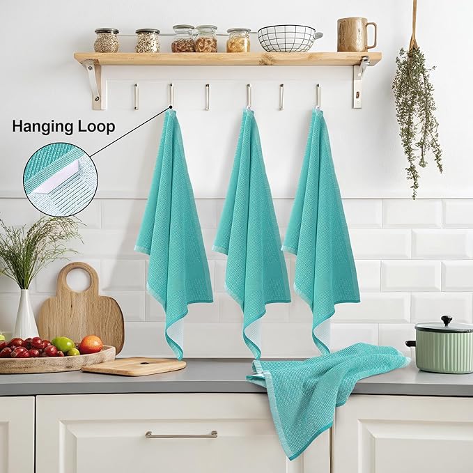 Mordimy Premium Kitchen Towels 6 Pack (18 x 28 Inches, Teal), Large Cotton Kitchen Hand Towel, Flat & Terry Dish Towels for Drying Dishes, Super Absorbent Tea Dishtowels Set with Hanging Loop