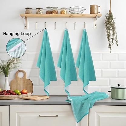 Mordimy Premium Kitchen Towels 6 Pack (18 x 28 Inches, Teal), Large Cotton Kitchen Hand Towel, Flat & Terry Dish Towels for Drying Dishes, Super Absorbent Tea Dishtowels Set with Hanging Loop