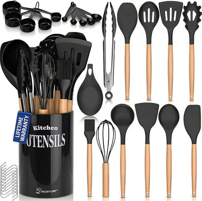 PriorityChef Silicone Cooking Utensil Set with Wooden Handles - Kitchen Utensils for Nonstick and Ceramic Cookware, Heat Resistant up to 446°F, Black